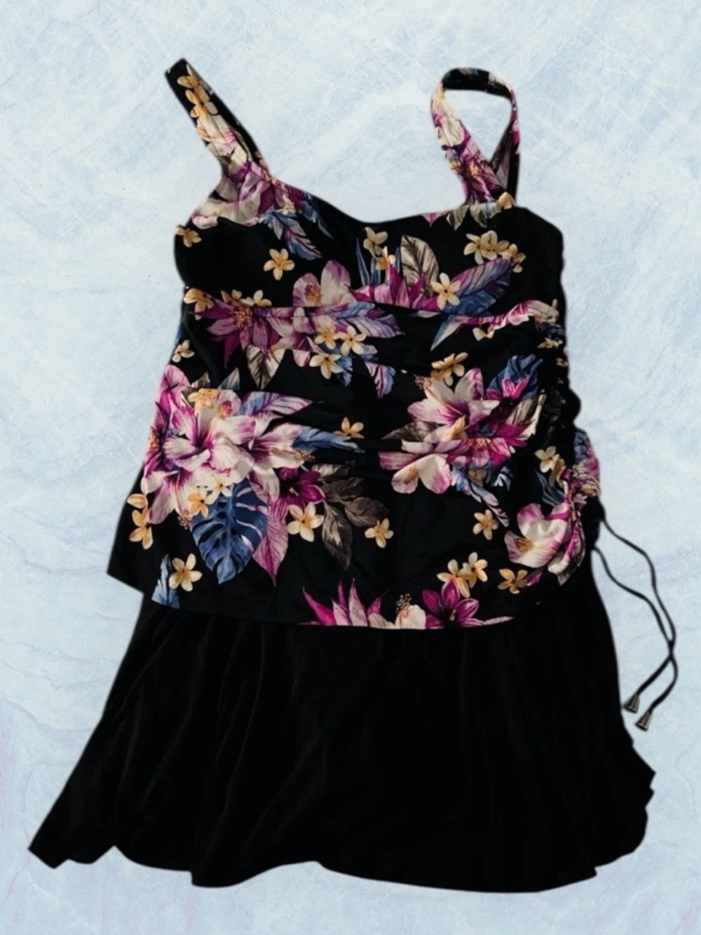 ROSE MARIE REID Sz M Floral Tank One-Piece Skirt Swimsuit in Black & Multicolor